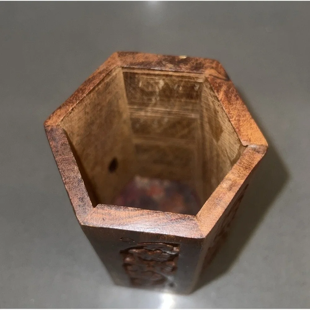 Vintage Wooden Hexagon Hand Carved Pencil Holder Decorative Collectible 4